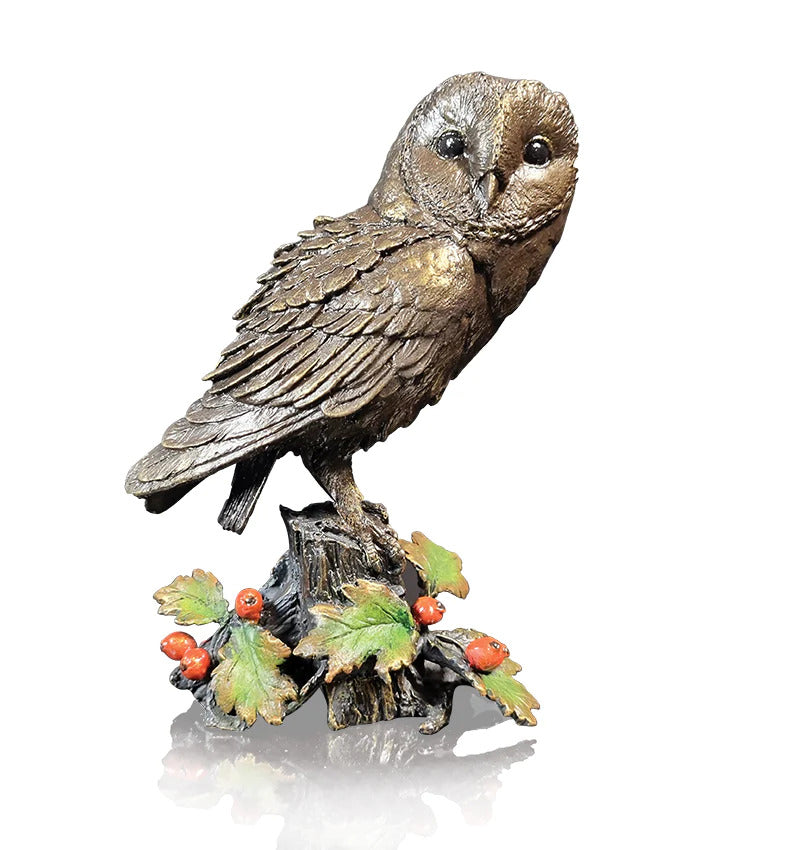 Barn Owl with Hawthorn solid bronze sculpture by Keith Sherwin
