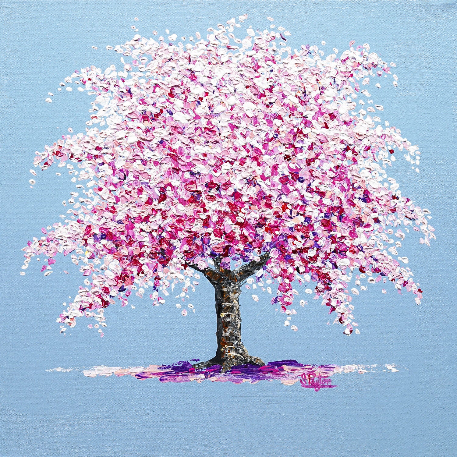 Pink and white cherry blossom tree on a pale blue background painting