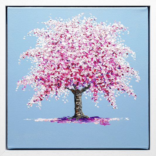 Pink and white cherry blossom tree on a pale blue background painting