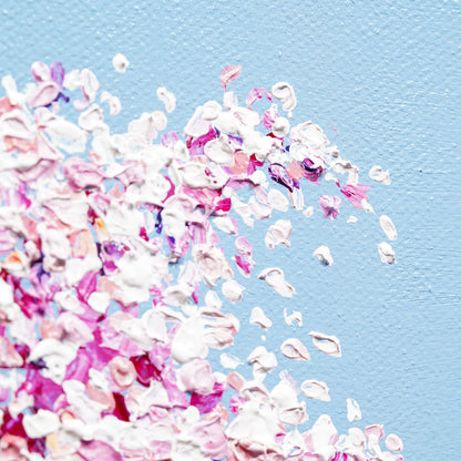 Pink and white cherry blossom tree on a pale blue background painting
