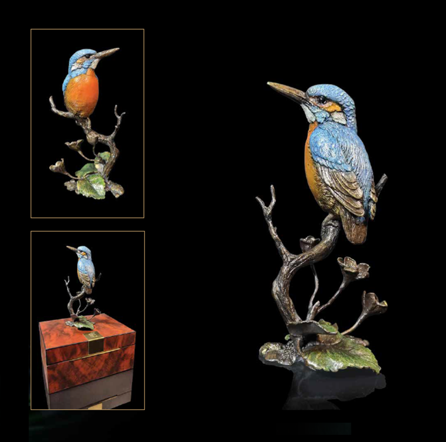 Kingfisher with Meadow Marsh solid bronze sculpture by Keith Sherwin