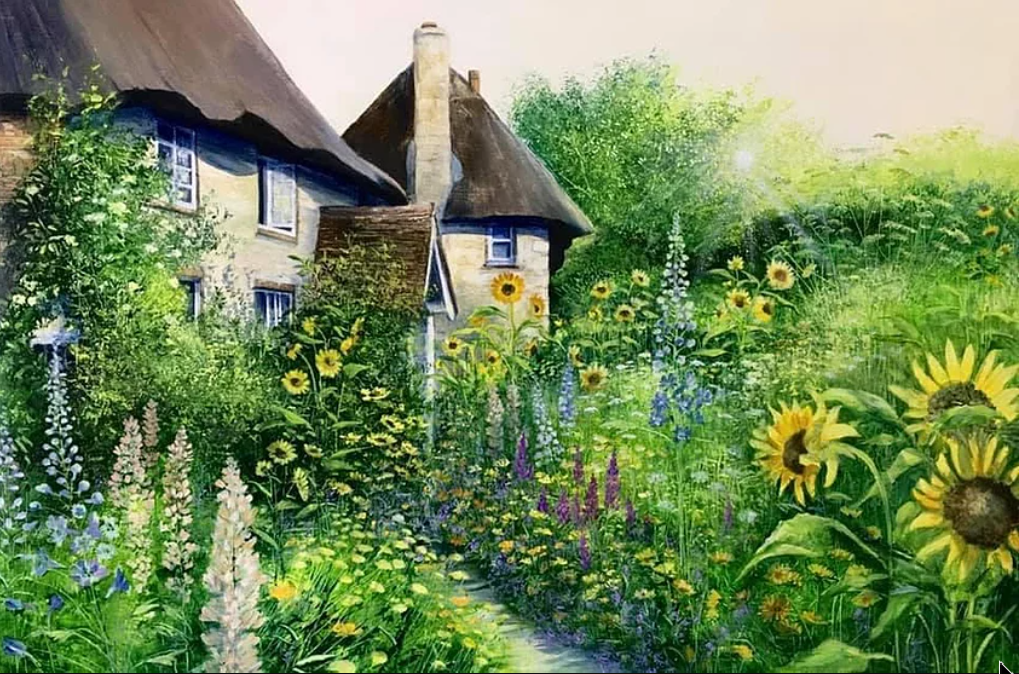 Sunflower Cottage limited edition print by Heather Howe